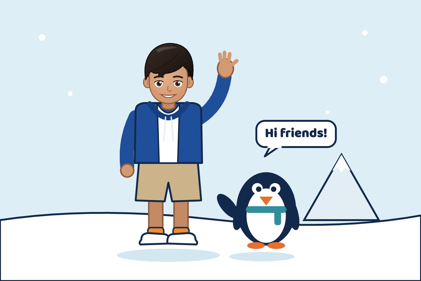 Cartoon of Aden waving next to Flappy the penguin, who says Hi friends!