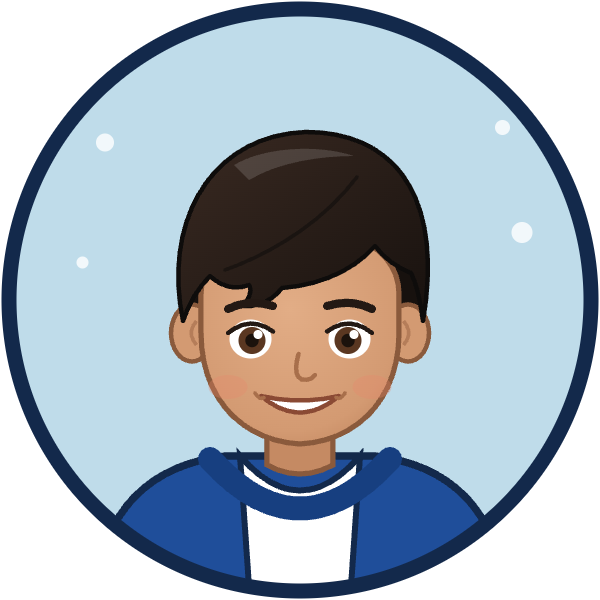 Cartoon portrait of Mayor Aden smiling in his blue hoodie