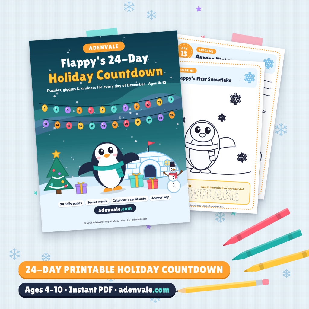 Flappy's Holiday Countdown, a printable advent calendar for kids: cover of the 24-day activity pack
